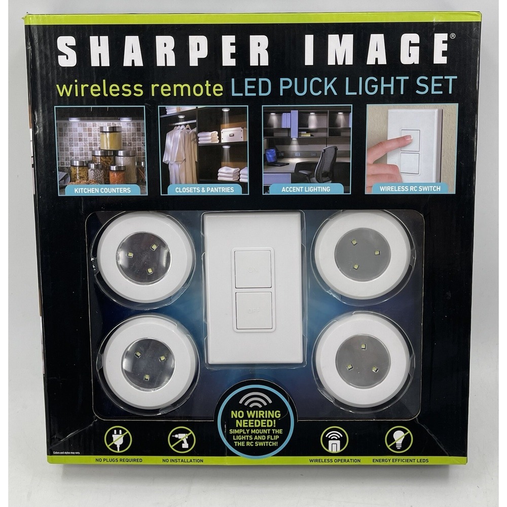 Sharper Image Wireless Remote LED 4 Light Puck Light Set New in‎ Package NIP